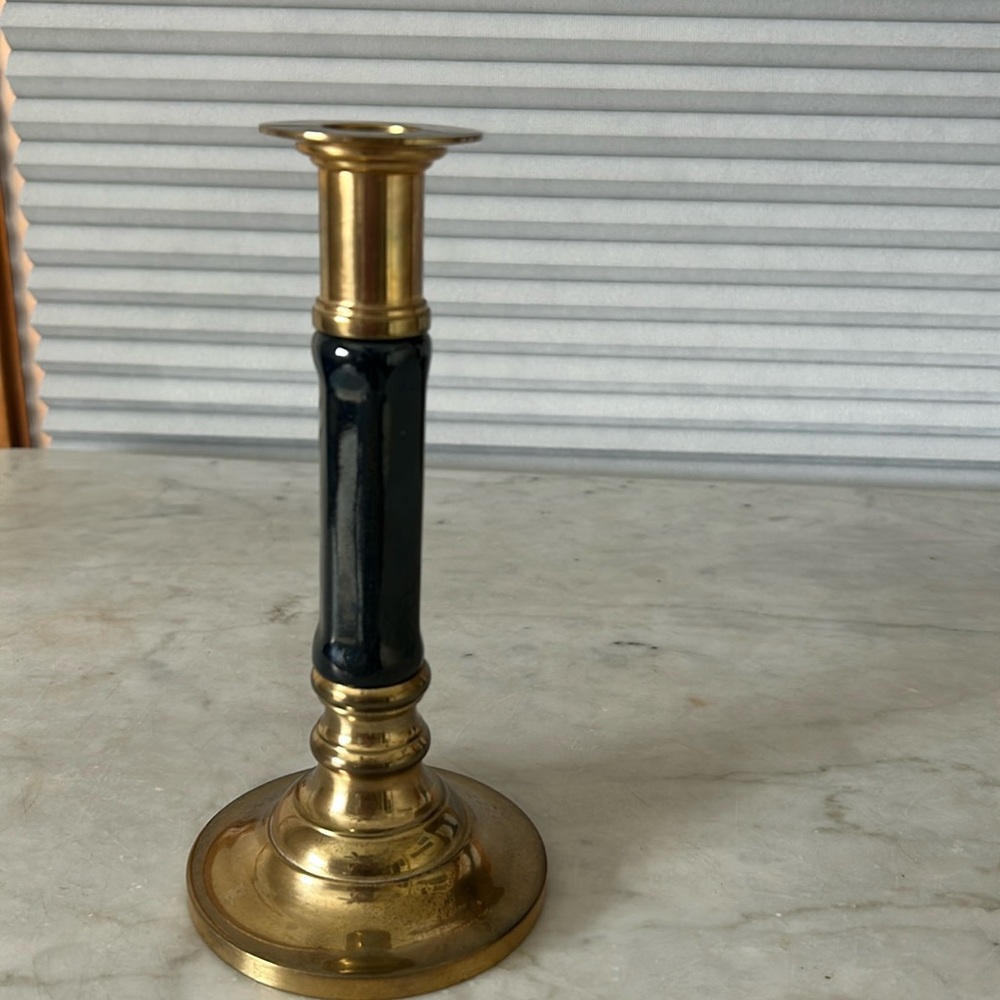 Brass and blue ceramic candle sticks, 8” tall
